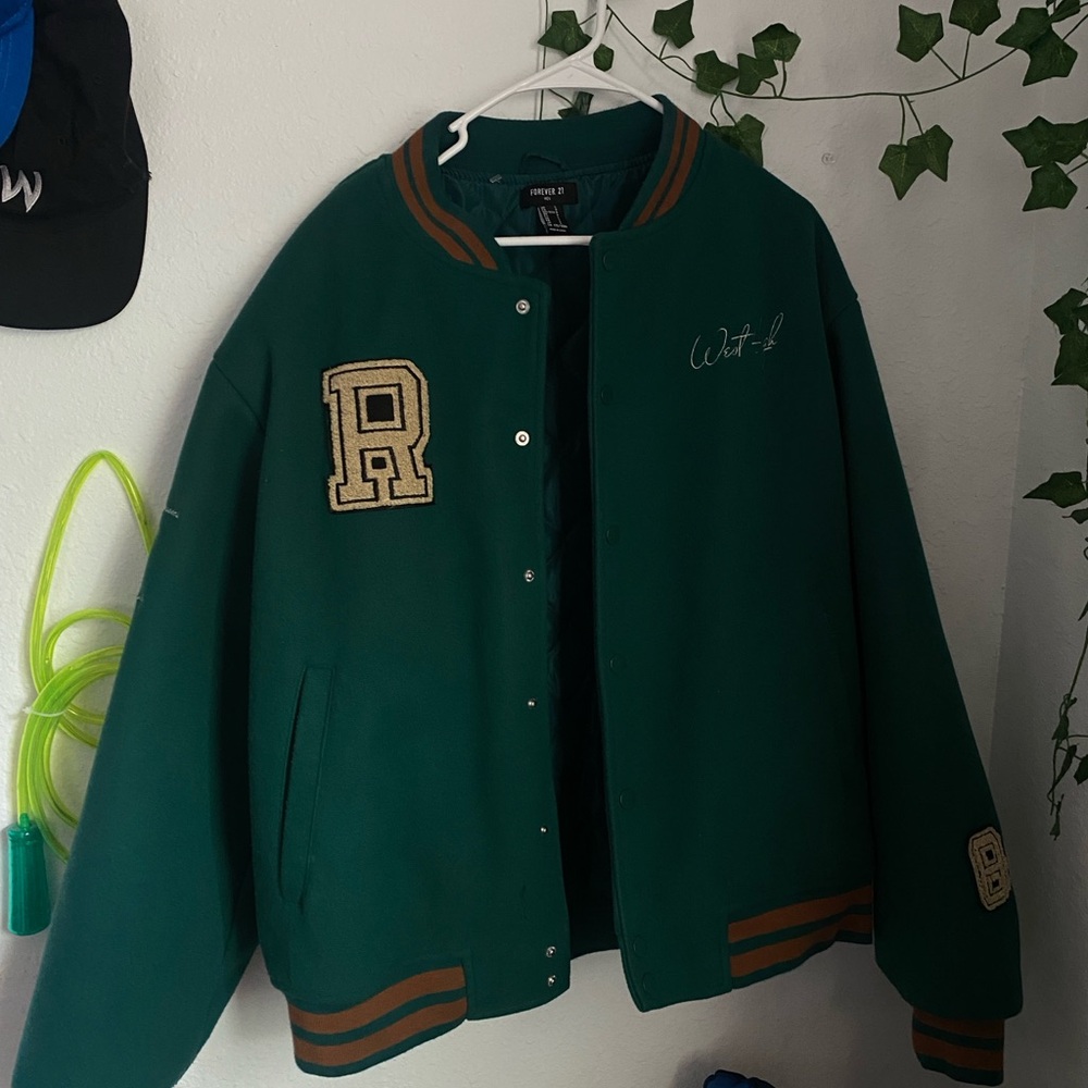 Green Varsity Jacket with Brown Accents